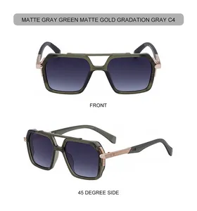 Front and 45-degree angle views of square matte green sunglasses with double metal bridges