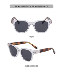 Detail of square sunglasses featuring transparent frames with gray lenses and tortoise temples