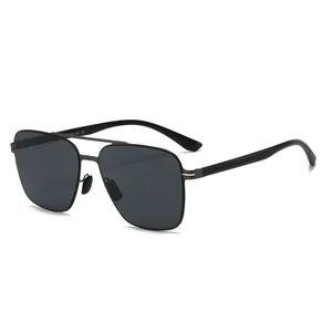 Classic square polarized pilot sunglasses with stainless steel temples and black lenses