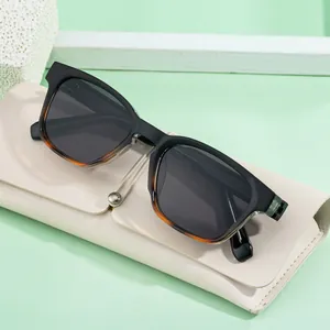 Square gradient black and tortoise shell sunglasses for women with beige leather case
