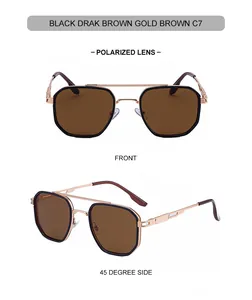 Detail view of square double-bridge polarized sunglasses with golden metal frames