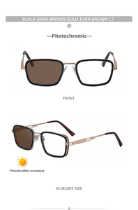Macro detail of photochromic square sunglasses with black gold frames and spring hinges