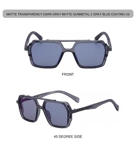 Detail view of square matte transparent dark gray sunglasses with double bridge frame