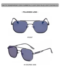Front and 45-degree side view of matte gray gunmetal polarized square sunglasses