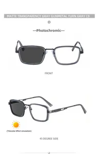 Detail view of square photochromic sunglasses in matte gray showing turn gray lens effect