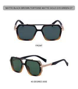 Front and side view of square double bridge sunglasses in matte black and tortoise finish