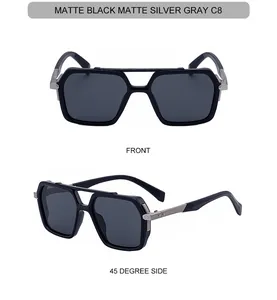Front and 45-degree side view of matte black and silver square pilot sunglasses