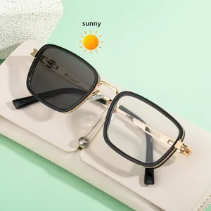 Men's punk square photochromic sunglasses with gold metal temples on a cream leather case