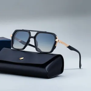 Men's square sunglasses with double bridge and blue gradient lenses on leather case