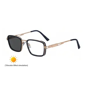 Square frame photochromic sunglasses with black and gold punk style metal frame