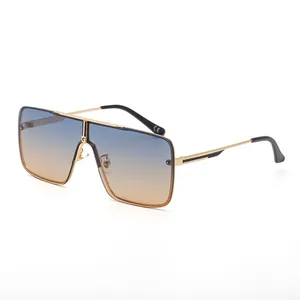 Men's oversized square sunglasses with metal frame and blue-orange gradient lenses