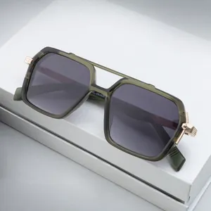 Retro square frame sunglasses for men with dark green frames and gold metal hinges