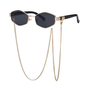 Chic hexagonal sunglasses with black lenses and decorative gold metal hanging chains
