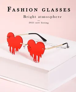 Detail of red melting heart sunglasses with rhinestones on a white display box