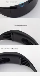 Dettaglio degli occhiali LED: tasto di accensione, porta USB e robusta cerniera del telaio