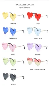 Close-up of melting heart sunglasses in various colors with rhinestone teardrop details