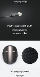 Detail showing the USB charging cable and power specs for the LED programmable mask