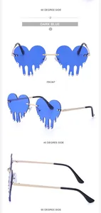 Three views of dark blue heart-shaped melting sunglasses with gold metal frame
