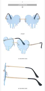 Three perspectives of light blue melting heart sunglasses with gold metal frame and rhinestones