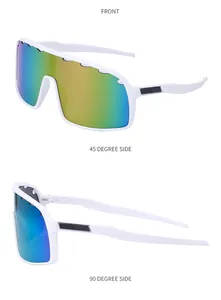 Vorder- und Seitenansicht einer Sportbrille mit weißem Rahmen und Regenbogen-Gläsern