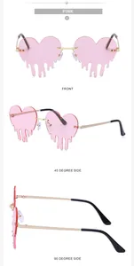Multiple views of pink melting heart sunglasses with gold metal frame and teardrop design
