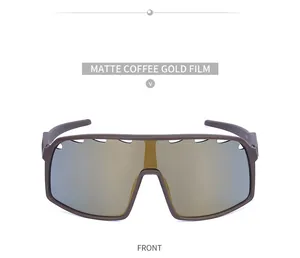 Vorderansicht der matten kaffeebraunen Radsport-Sonnenbrille mit goldener Spiegellinse