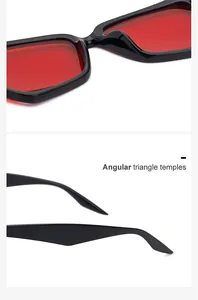 Dettaglio degli occhiali da sole rettangolari con aste triangolari e lenti rosse