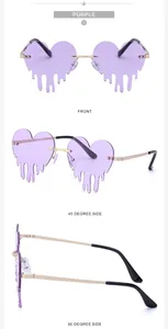 Purple heart melting sunglasses with waterdrop crystals in front and side views