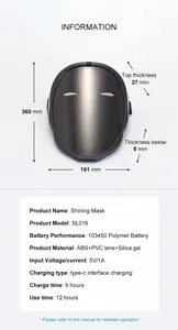 Detailed specifications for Shining Mask LED face shield with size and battery performance data