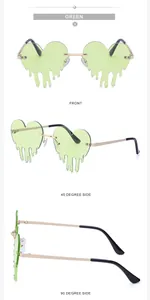 Three views of green melting heart sunglasses with gold frames and crystal accents