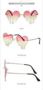 Detailed views of heart-shaped melting sunglasses with red yellow green gradient lenses