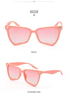 Vista frontale e laterale di occhiali da sole cat-eye rosa oversize con rivetti dorati