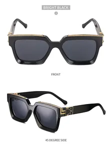 Vues de face et de profil à 45 degrés de lunettes de soleil carrées noires avec métal doré