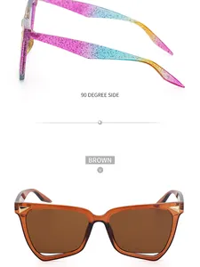 Dettaglio occhiali da sole cat-eye con montatura arcobaleno e accenti in metallo dorato