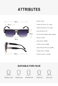 Tableau des tailles détaillé pour lunettes de soleil rétro avec dimensions et matériaux