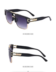 Vue détaillée de lunettes de soleil carrées vintage avec monture demi-cerclée et accents dorés