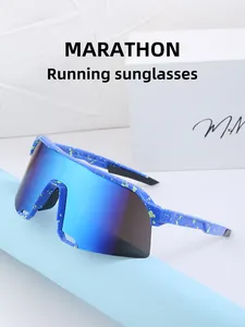 Detail of marathon running sunglasses with blue frames and green splatter texture