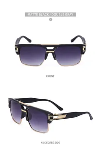 Vues de face et de côté de lunettes de soleil noir mat avec détails en maille dorée et verres
