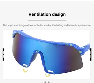 Detail view of ventilation design on blue cycling sunglasses with green splatter frame