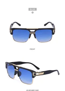 Vues de face et de côté de lunettes de soleil homme avec verres dégradés bleus et or