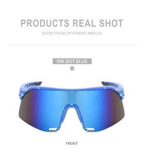 Front view of ink dot blue sports sunglasses with a large blue mirrored shield lens