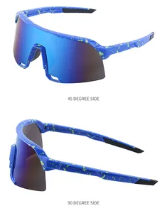 Detailed side view of blue cycling sunglasses with fluorescent green splatter pattern