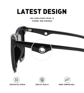 Detail view of black TR90 sunglasses showing the circular silver metal hinge and glossy finish