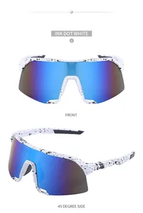 Front and side views of ink dot white sports sunglasses with blue-purple lenses