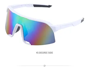 Detailed 45-degree side view of white cycling sunglasses with rainbow mirrored lenses