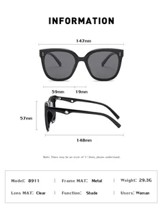Size guide with precise measurements of cat-eye sunglasses including 147mm total width