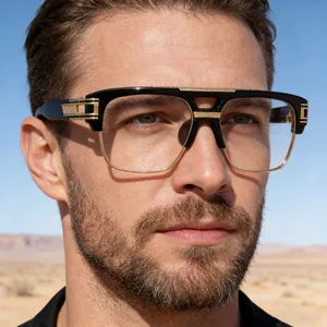 Lunettes de Soleil Carrées Vintage pour Hommes Grande Monture Protection UV400 Conduite Mode Incrustation Métal Rétro