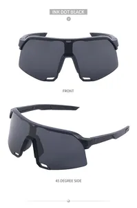Front and 45-degree side views of black matte cycling sunglasses with vented lenses