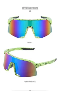 Front and side view of ink dot green cycling sunglasses with colorful mirrored lenses