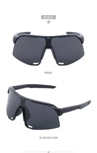 Front and side view of black wrap-around sports cycling sunglasses with large shield lens
